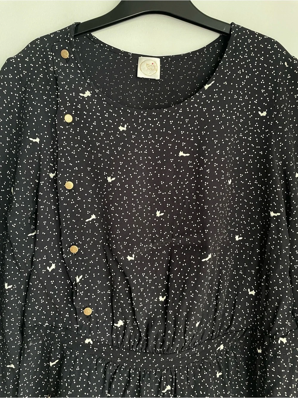 DES PETITS HAUTS Black Long Sleeve Peplum Button Top with White Micro Print - Picture 4 of 15